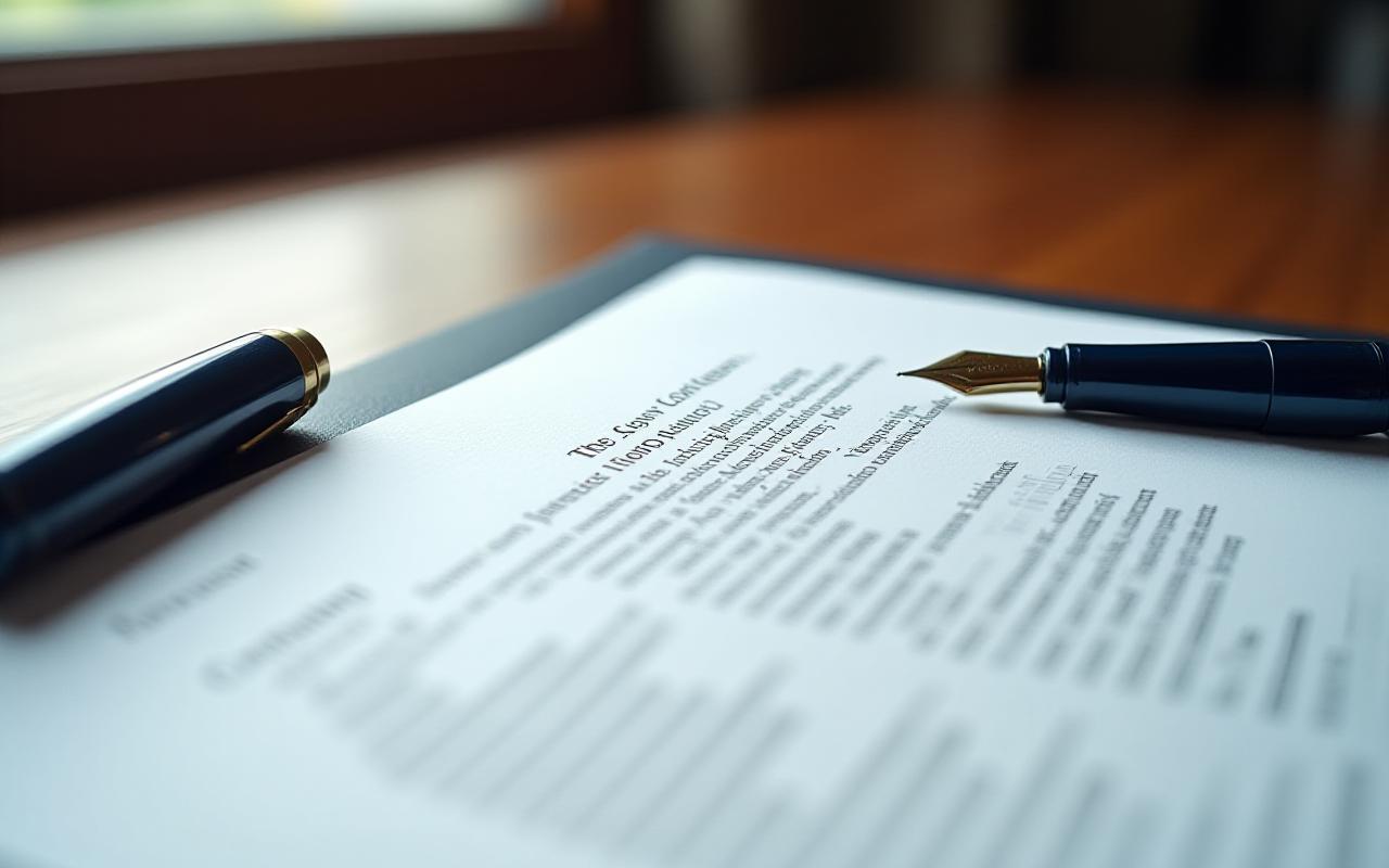 Close-up of a legal contract being meticulously drafted on a mahogany desk